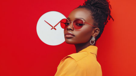 A stylish young woman with sunglasses poses confidently against a vivid red backdrop. Her vibrant yellow outfit and bold accessories showcase a modern fashion statement.の素材