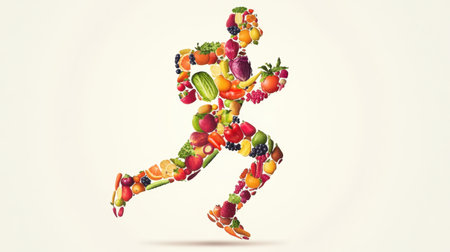 A dynamic silhouette of an athlete made entirely from an array of colorful fruits and vegetables, symbolizing health, vitality, and an active lifestyle.の素材