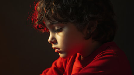 A portrait of a young child with curly hair, displaying a thoughtful expression in soft red light. The image captures innocence and emotional depth in a serene atmosphere.の素材