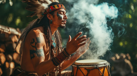 A captivating portrait of an indigenous musician passionately playing a drum in a serene outdoor setting, surrounded by vibrant nature and smoke.の素材