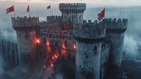 A striking medieval castle stands tall against a dark, foggy sky, flames flickering from its towers. The ancient fortress evokes a sense of history and mystery.の素材