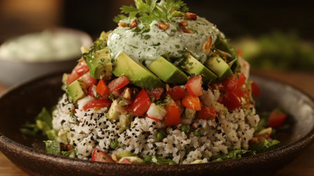 A vibrant layered salad featuring fresh vegetables, creamy dressing, and avocado. Perfect for health-conscious meals, parties, or casual dining.の素材