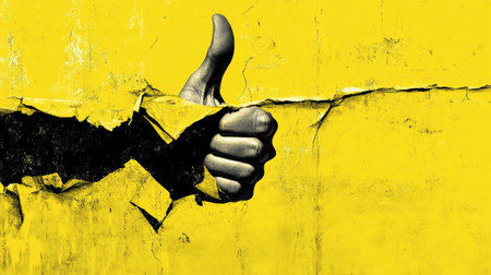 A close-up of a hand giving a thumbs up against a cracked yellow wall, symbolizing approval and positivity. The vibrant colors and textures create an impactful visual message.の素材