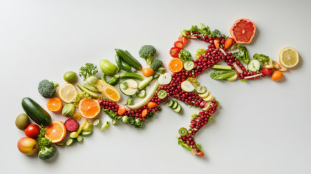 Creative display of fresh fruits and vegetables arranged artistically. This colorful composition highlights healthy eating, perfect for nutrition-themed projects.の素材