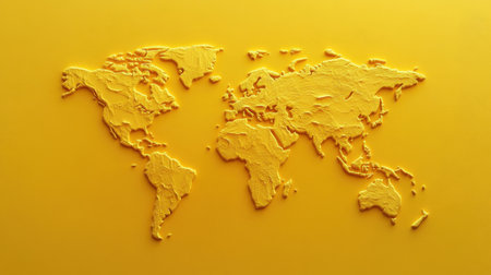 Artistic yellow world map design featuring textured 3D effects. This striking abstract piece conveys global connections and geographical beauty, perfect for creativity.の素材