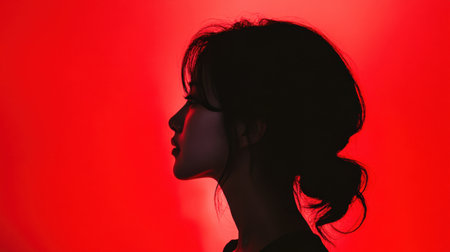 A captivating profile silhouette of a woman set against a vibrant red background, showcasing beauty and artistic expression. The contrasting colors create a dramatic visual impact.の素材