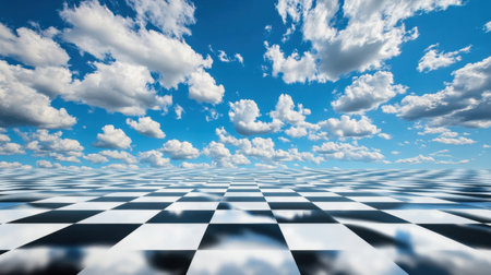 A stunning view of a blue sky filled with fluffy clouds above a black and white checkerboard pattern. The scene conveys a sense of vastness and tranquility.の素材