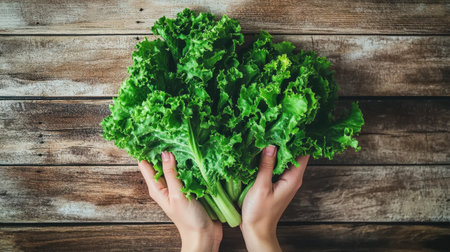 A vibrant bunch of fresh green lettuce is held in hands against a rustic wooden table. This image captures the essence of healthy eating and organic living.の素材