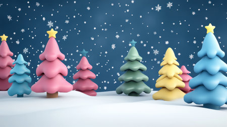 A whimsical scene featuring colorful Christmas trees amidst falling snowflakes, creating a cheerful winter wonderland atmosphere perfect for the holiday season.の素材