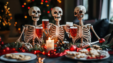 Three skeletons toasting with beer mugs, seated at a table filled with cookies, festive and eerie vibes combined.の素材