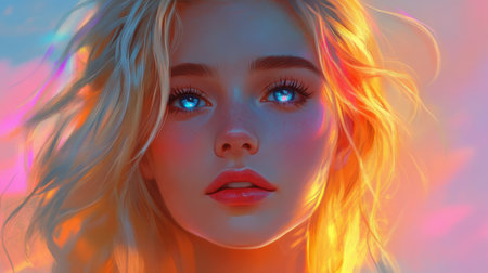 A stunning anime-style portrait of a blonde-haired woman with bright blue eyes, glowing against a dreamy pastel backdrop.の素材