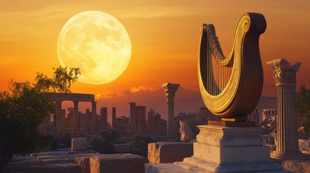 A captivating scene featuring a golden harp set amidst ancient ruins illuminated by a stunning full moon. Perfect for evoking a sense of beauty and mystery.の素材