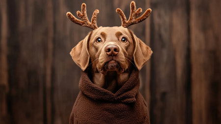 A charming dog wearing reindeer antlers and a cozy brown sweater sits patiently. The warm colors and festive vibe capture the joy of the season perfectly.の素材