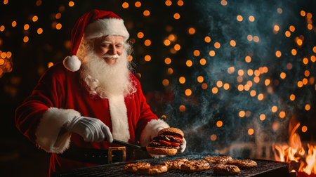 Jolly Santa Claus flipping burgers on a grill, holiday lights twinkling in the background, spreading festive cheer.の素材