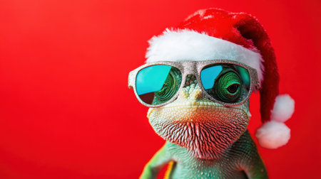Cute chameleon in holiday gear, Santa hat and shades giving it a playful vibe, bright red background.の素材