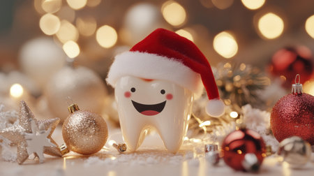 A white tooth wearing a Santa Claus hat, surrounded by festive elements, perfect for Christmas dentistry promotions.の素材