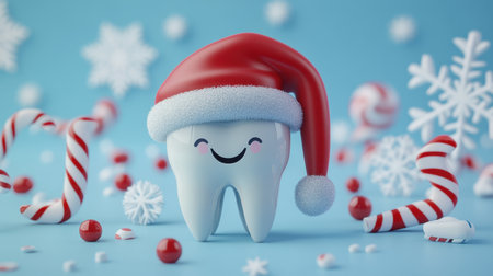 Tooth dressed up in a Santa hat, surrounded by snowflakes and candy canes, festive dentistry promotion theme.の素材
