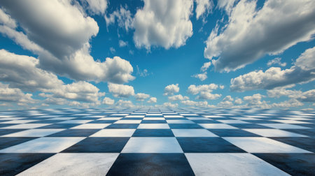 A surreal checkerboard floor stretching into a vibrant blue sky filled with fluffy clouds, symbolizing limitless possibilities.の素材