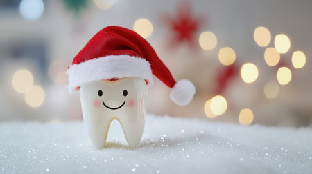 Smiling tooth donning a Santa Claus hat, set against a festive background ideal for holiday dental marketingの素材