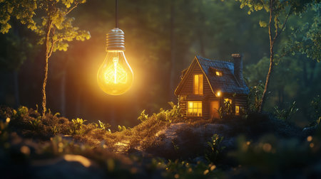 A charming cabin nestled in a serene forest, illuminated by a glowing light bulb. This enchanting scene captures the essence of tranquility and warmth in nature.の素材