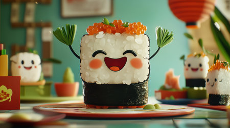 A cheerful cartoon sushi character with a big smile, surrounded by colorful decorations and other playful sushi, creating a vibrant and joyful atmosphere.の素材