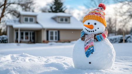 A charming snowman stands in a snowy landscape, showcasing a colorful scarf and hat. The cozy house in the background adds to the winter magic, evoking joy and nostalgia.の素材