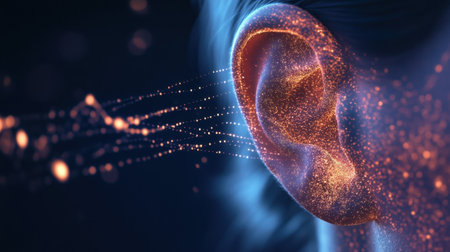 Captivating illustration of an ear with sound waves visualized as glowing particles, symbolizing the hearing process and sensory perception in a digital context.の素材