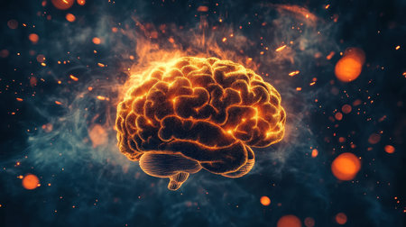 A stunning digital representation of a glowing human brain, surrounded by vibrant energy particles. This artwork captures the essence of thought, creativity, and mental processes.の素材