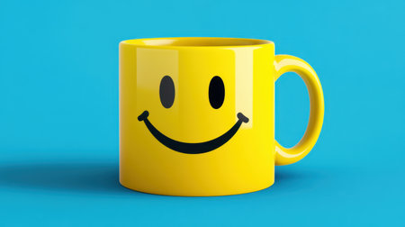 This bright yellow ceramic mug features a cheerful smiley face, perfect for adding a touch of happiness to your drinkware collection. Ideal for photography or design projects.の素材