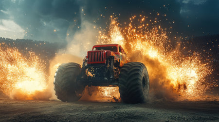 A powerful monster truck emerges dramatically from a cloud of fire and sparks. This stunning outdoor scene captures the excitement and thrill of extreme sports.の素材
