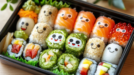 This vibrant bento box features adorable sushi with playful faces. A delightful assortment of fresh and colorful sushi rolls, perfect for food lovers and Instagram posts.の素材