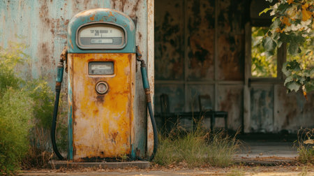 An antique gas pump stands alone next to a dilapidated building, surrounded by lush overgrowth, capturing a sense of nostalgia and forgotten history in a rural setting.の素材