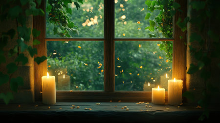 A serene window scene featuring glowing candles surrounded by lush greenery, creating a warm and inviting atmosphere perfect for relaxation and tranquility.の素材