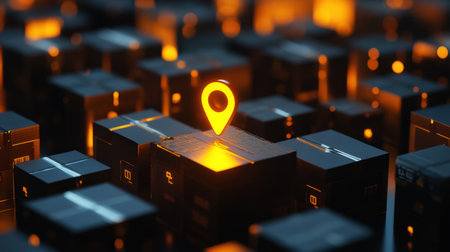 This 3D rendering features a glowing location pin above sleek black shipping boxes, symbolizing modern logistics and delivery services in an urban environment.の素材