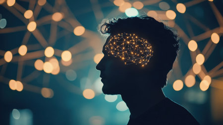 A silhouette of a person with a glowing brain design symbolizes the connection between cognitive processes and technology. The soft light backdrop enhances the innovative theme.の素材