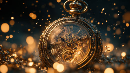 A stunning vintage pocket watch featuring intricate details and shimmering bokeh lights. This image captures the elegance and beauty of timeless craftsmanship.の素材