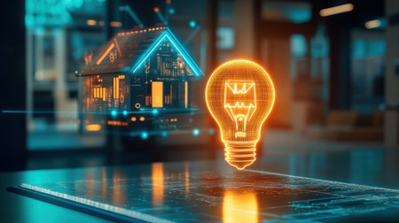 Futuristic concept of smart home technology featuring a glowing light bulb and house, showcasing innovation in energy management and design.の素材