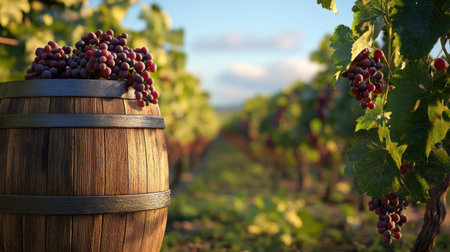 A rustic wooden barrel filled with fresh grapes sits in a vibrant vineyard. This serene landscape showcases the beauty of nature and agricultural bounty.の素材