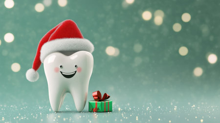 Cheerful tooth with a Santa hat, red and green holiday accents creating a fun dentistry-themed Christmas scene.の素材