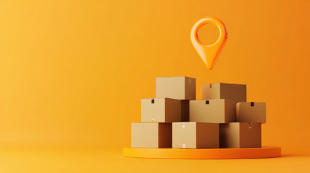 A vibrant orange background showcases stacked delivery boxes, highlighted by a location pin icon. Perfect for concepts related to shipping, logistics, and e-commerce.の素材