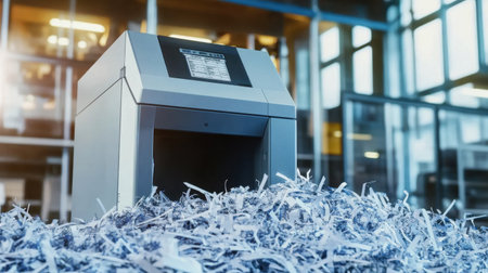 A modern office shredder sits amidst a pile of white paper shreddings, symbolizing document security and efficient workspace management in a busy business environment.の素材