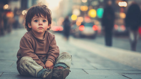 A thoughtful child sits alone on a bustling city street, showcasing a poignant contrast between urban life and innocence.の素材