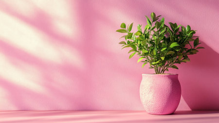 A green plant in a pastel pink pot sits against a soft pink wall, casting beautiful shadows in the sunlight, creating a vibrant and serene atmosphere for any indoor space.の素材