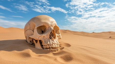 A solitary skull half-buried in golden sand, set against a blue sky dotted with fluffy clouds, evokes themes of mystery and nature's harshness in a vast desert landscape.の素材