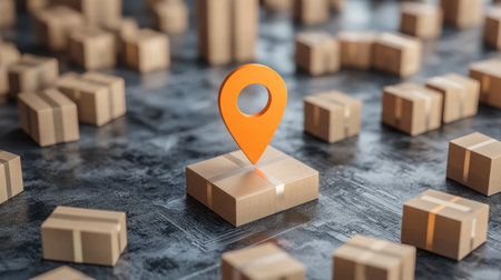 A vibrant orange location pin stands on a brown package, symbolizing shipping and delivery logistics, surrounded by numerous cardboard boxes in a modern setting.の素材