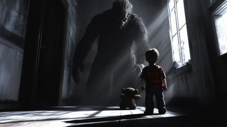 A young child stands in a dimly lit room, facing a towering shadowy creature. Rays of light filter through the window, enhancing the eerie atmosphere of fear and imagination.の素材