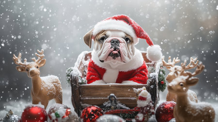 A charming bulldog wearing a Santa hat sits in a festive setting. Surrounded by Christmas decorations, this scene captures the joy and warmth of the holiday season.の素材