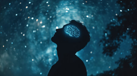 A captivating silhouette of an individual with a glowing brain graphic against a mesmerizing starry backdrop, symbolizing imagination and exploration.の素材
