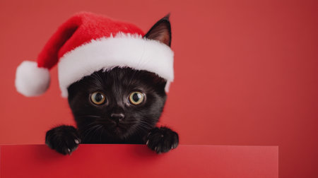A charming black cat wearing a Santa hat peeks over a red surface, radiating festive joy. Perfect for holiday-themed designs and social media posts.の素材