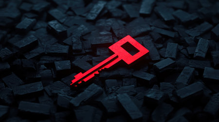 This striking image features a red key symbol prominently placed against a textured black charcoal background, representing concepts of access and security.の素材